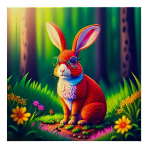 Poster Lapin rouge assis sur l'herbe