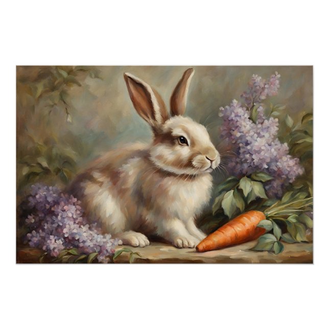 Poster Lapin vintage avec Fleurs Lilac et Carotte (Devant)