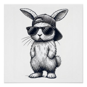 Poster Lapin visage avec lunettes de soleil casquette jou