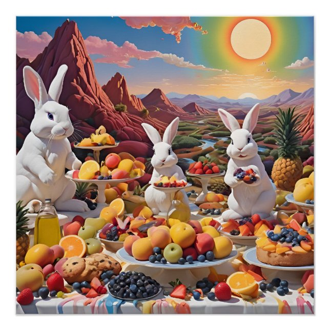 Poster Lapins blancs avec paysage de fruits (Devant)