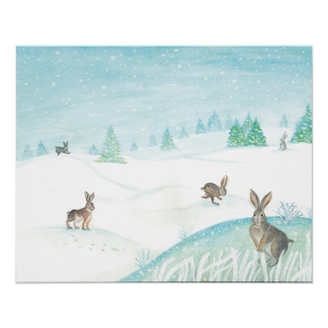 Poster Lapins sauvages d'hiver blanc (Devant)