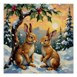 Poster Lapins Vintage sous le Houx de Noël