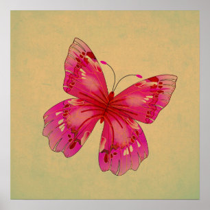 Poster L'art du papillon oriental vintage rose
