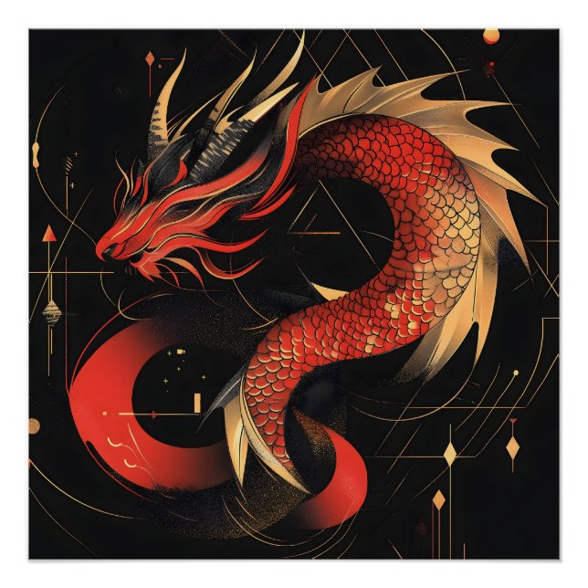 Poster L'art majestueux du Dragon chinois rouge et or (Devant)