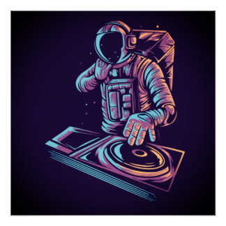 Poster L'astronaute DJ Disc Jockey Jouer de la musique da