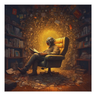 Poster L'astronaute lit un livre