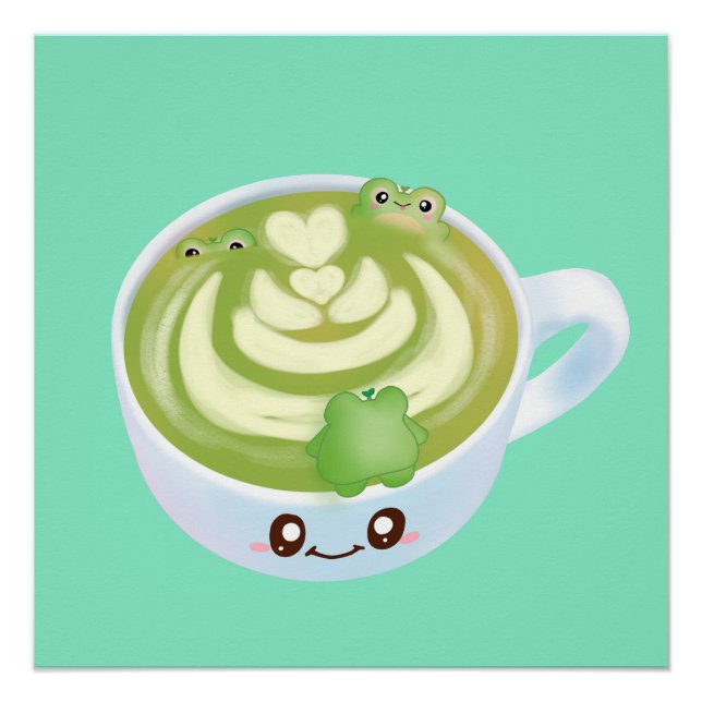 Poster Latte De Thé Vert Matcha Chaud Avec Cute Frogs (Devant)