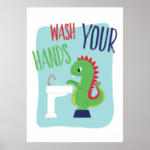 Poster Lave-toi les mains   Dino Bathroom Art