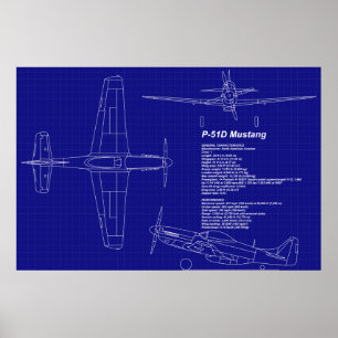 Poster L'avion Blueprints le mustang P-51 de  