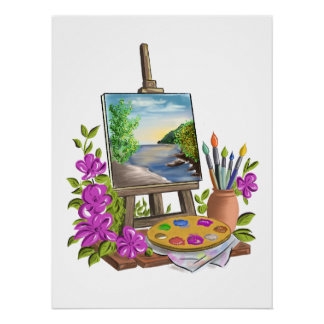 Poster Le chevalet del'artiste peintre.