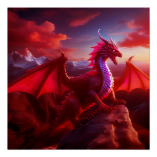 Poster Le Dragon Rouge Perce Sur Craggy Mountain Peak