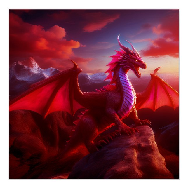 Poster Le Dragon Rouge Perce Sur Craggy Mountain Peak (Devant)