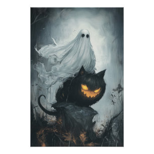 Poster Le fantôme d'Halloween à cheval sur un chat noir