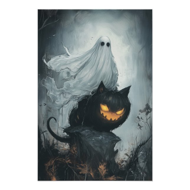 Poster Le fantôme d'Halloween à cheval sur un chat noir (Devant)