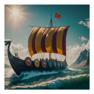 Poster Le long-navire viking coupe à travers les vagues