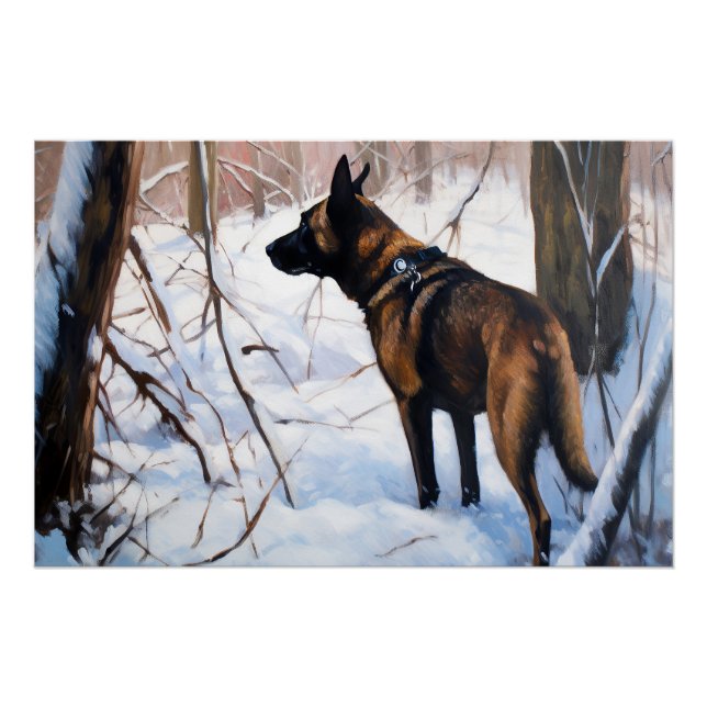 Poster Le Malinois Belge Laisser Neige Noël (Devant)