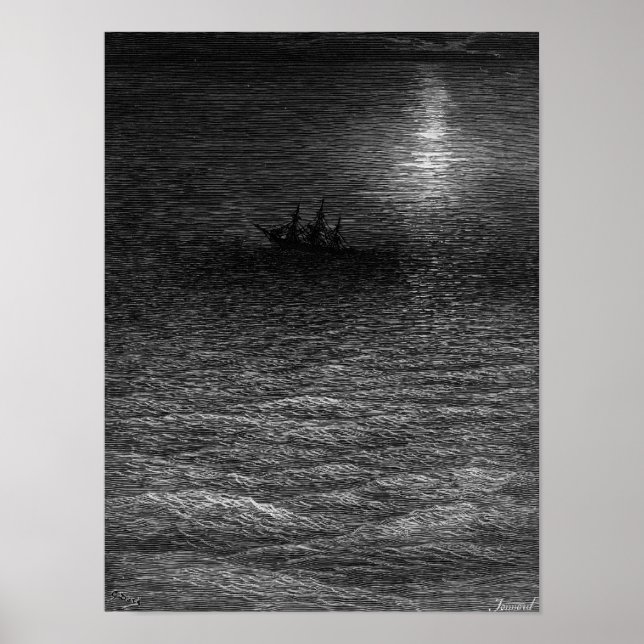 Poster Le navire en marée dans une mer lune (Devant)