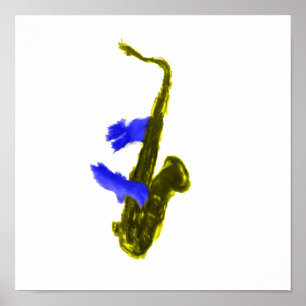 Poster Le saxophone a joué par deux mains, bleus et