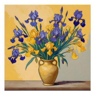 Poster Le silence avec les Iris jaunes et bleus dans l'Or