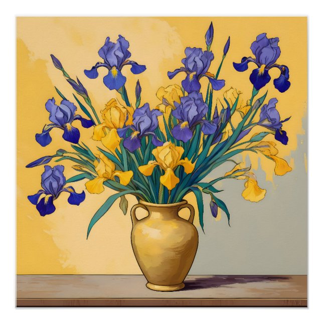 Poster Le silence avec les Iris jaunes et bleus dans l'Or (Devant)