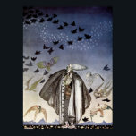 Poster Le soldat sifflé et une horde d'oiseaux sont venus<br><div class="desc">Illustration vintage d'une scène du conte de fées "Les Trois princesses dans la Montagne Bleue". On y voit un soldat qui siffle et un troupeau d'oiseaux qui balaient. Illustration de Kay Nielsen. Images HTM</div>