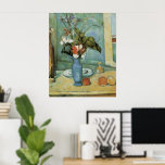 Poster Le Vase Bleu (Fleurs et Fruits) par Paul Cezanne<br><div class="desc">Le Vase Bleu (1889/90), anciennement connu sous le nom de Fleurs et Fruits par Paul Cezanne est un post impressionnisme vintage de peinture à fleurs mortes. Un vase avec un beau bouquet fleuri de fleurs du jardin de printemps sur la table de la cuisine. Une variété de fruits, une bouteille...</div>
