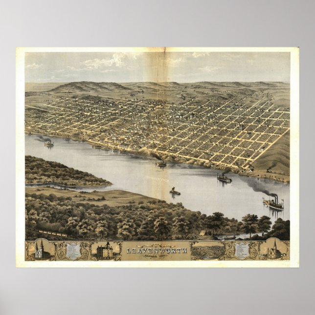 Poster Leavenworth Kansas 1869 Carte panoramique antique (Devant)