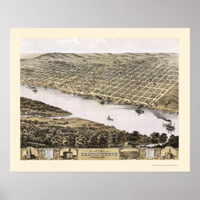 Poster Leavenworth, KS Carte panoramique - 1869 (Devant)