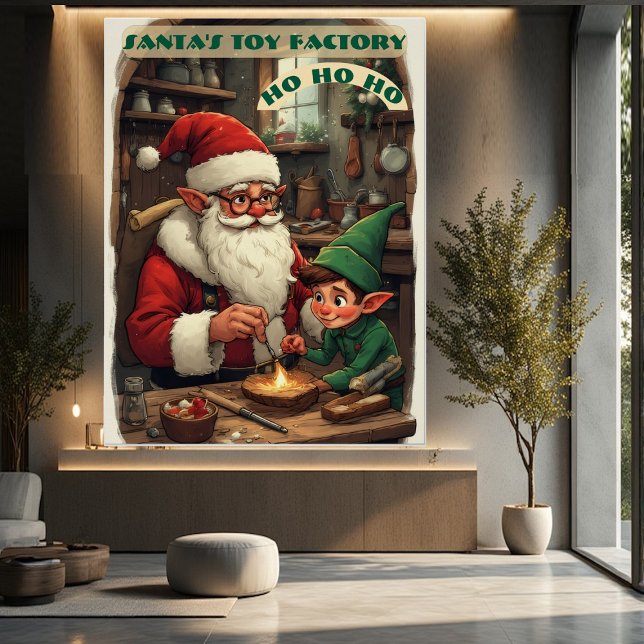 Poster L'elfe assistant de l'atelier de la fabrique de jo (Vintage Santa's Toy Factory Elf Helper in Workshop Poster)