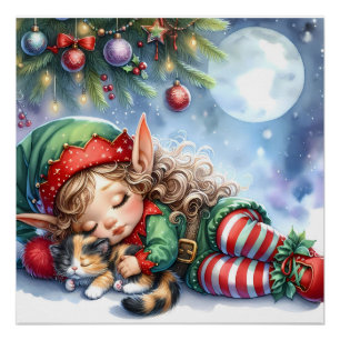 Poster L'elfe de Noël endormi avec un chaton calicot
