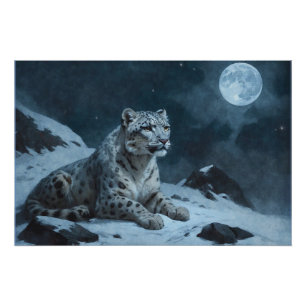 Poster Léopard des neiges et Pleine lune
