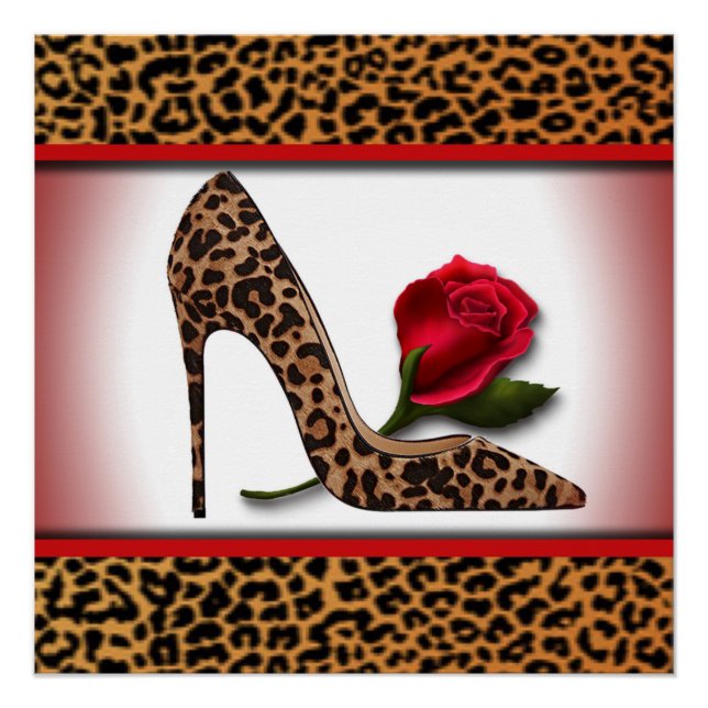 Poster Leopard haut talon et rose rouge (Devant)