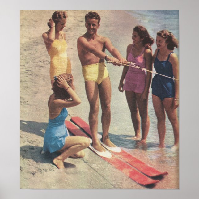 Poster Les années 1940 Ski d'eau filles en maillots de ba (Devant)