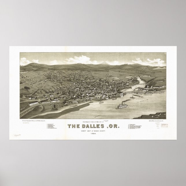 Poster Les Dalles Oregon 1884 Carte panoramique antique (Devant)