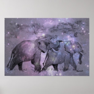 Poster Les éléphants en hiver en marche au clair de lune