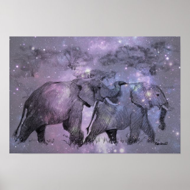 Poster Les éléphants en hiver en marche au clair de lune (Devant)