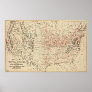 Poster Les Etats-Unis vintages Railroad la carte (1886)