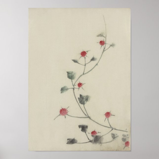 Poster Les fleurs rouges sur la vigne Hokusai Art japonai (Devant)