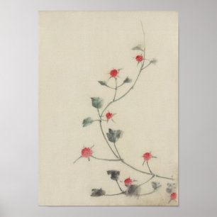 Poster Les fleurs rouges sur la vigne Hokusai Art japonai