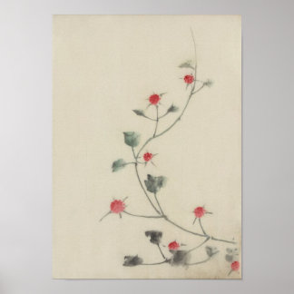 Poster Les fleurs rouges sur la vigne Hokusai Art japonai