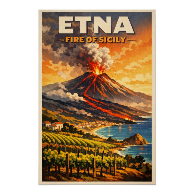 Poster L'Etna, Italie, dans un style rétro classique (Devant)