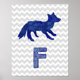 Poster Lettre bleu renard bleu F gris Chevron