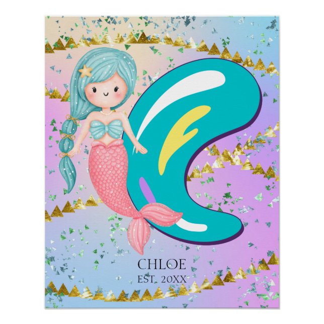 Poster Lettre C Monogramme Aquarelle mignonne Sirène (Devant)