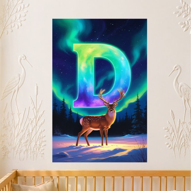 Poster Lettre de maternelle D Nom Aurores boréales Cerf B (Créateur téléchargé)