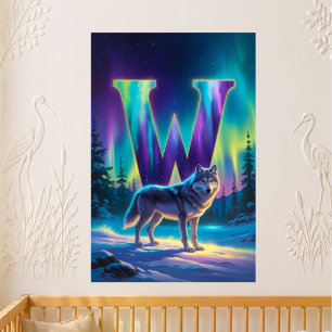 Poster Lettre de maternelle W Nom Aurores boréales Loup