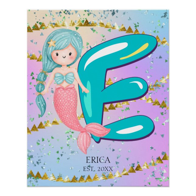 Poster Lettre E Monogramme Aquarelle mignonne Sirène (Devant)