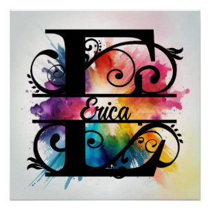 Poster Lettre 'E', Monogramme arc-en-ciel lumineux, Nom d