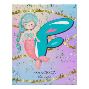 Poster Lettre F Monogramme Aquarelle mignonne Sirène