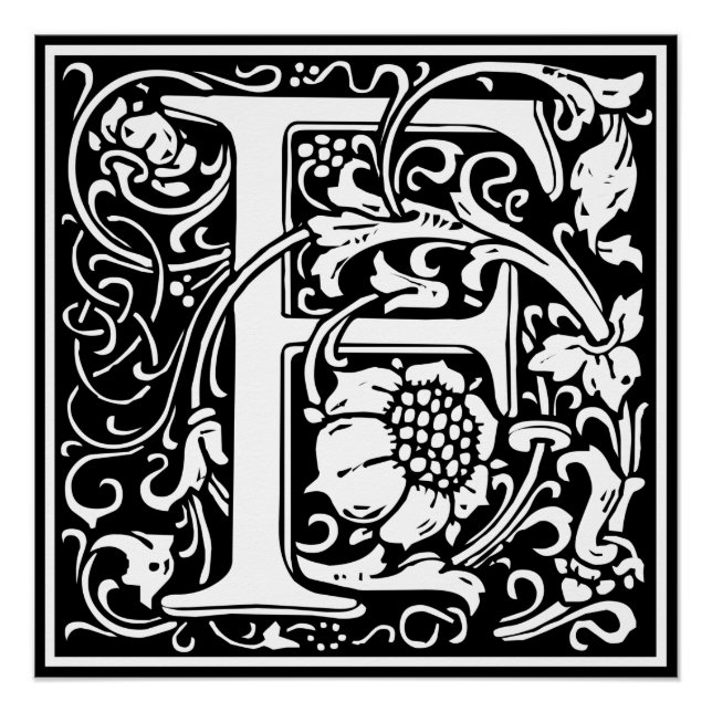 Poster Lettre F Monogramme médiéval Art Nouveau (Devant)