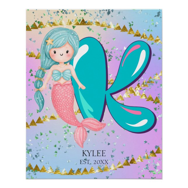 Poster Lettre K Monogramme Aquarelle mignonne Sirène (Devant)